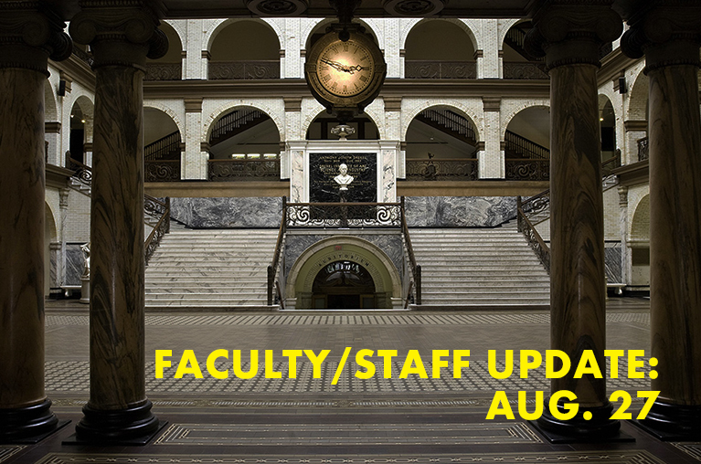 Main Building with the text faculty and staff update Aug. 27